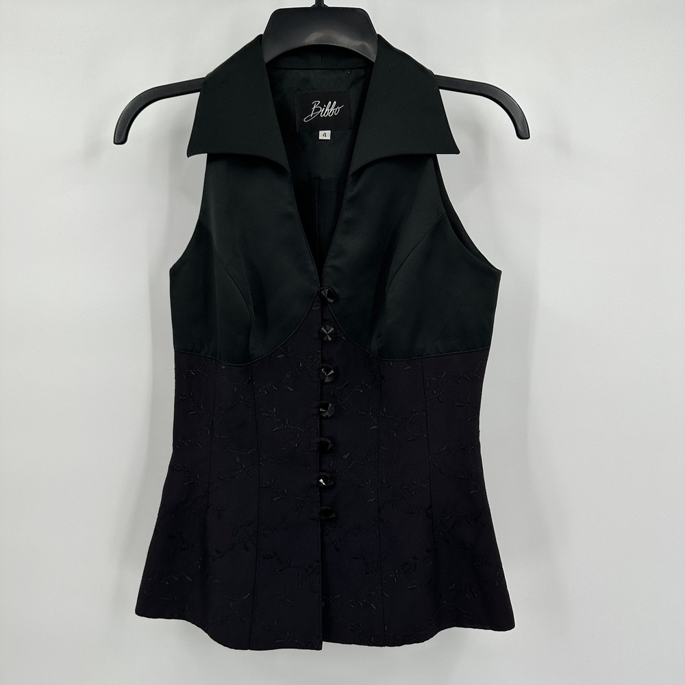 Womens Satin Vest Top Sz 4 Old Money Tailored Minimalist Structured Peplum Black